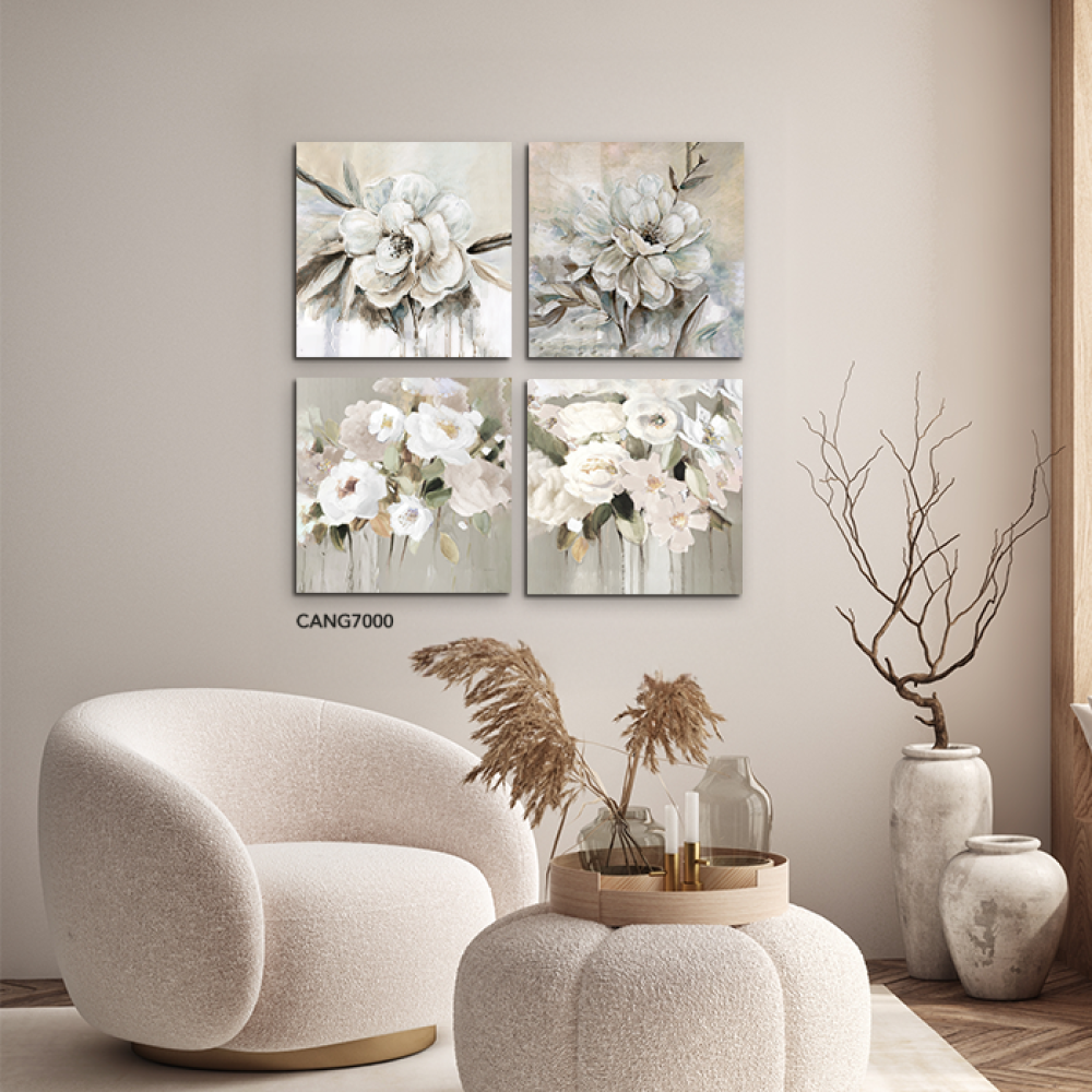 لوحة جدارية كانفس ورود لون بيج وأبيض ورمادي