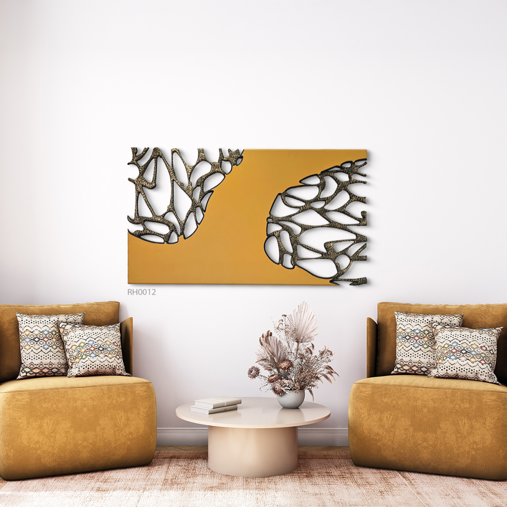 لوحة جدارية خشبية بلون كموني بنقشة أغصان ذهبية – تصميم عصري يمنح جدار