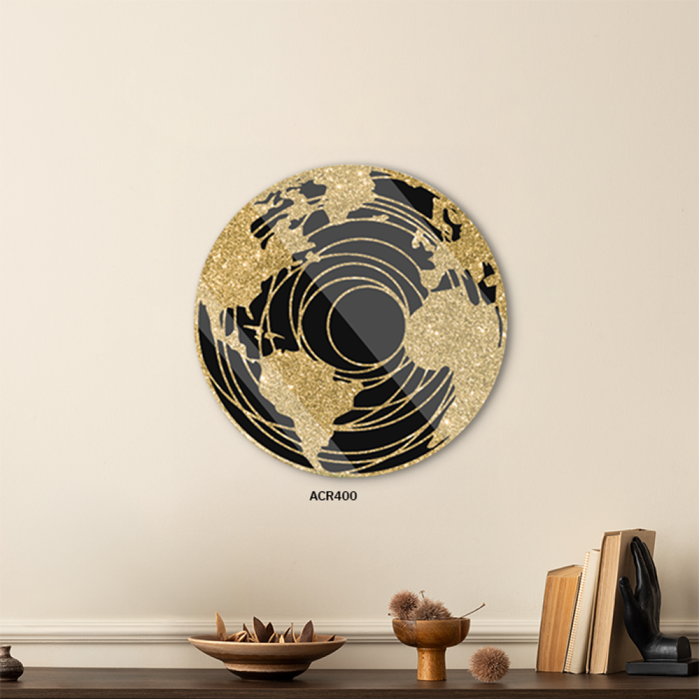 لوحة جدارية اكريليك تتضمن خريطة للقارات مع دائرة، بتدرجات من الذهبي مع الأسود،