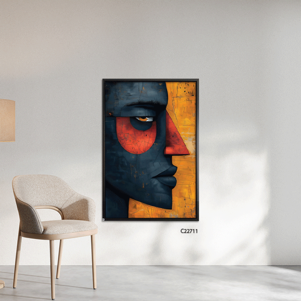 لوحة جدارية تصور نصف وجه افريقي باللون الاسود وخلفية باللون البرتقالي