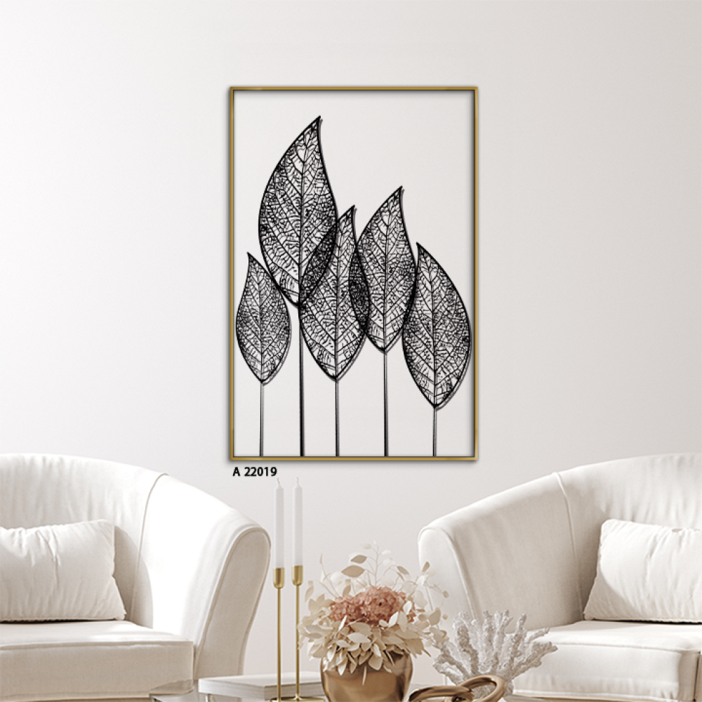لوحة جدارية أكريليك مودرن أوراق شجر سوداء بخلفية شفافة