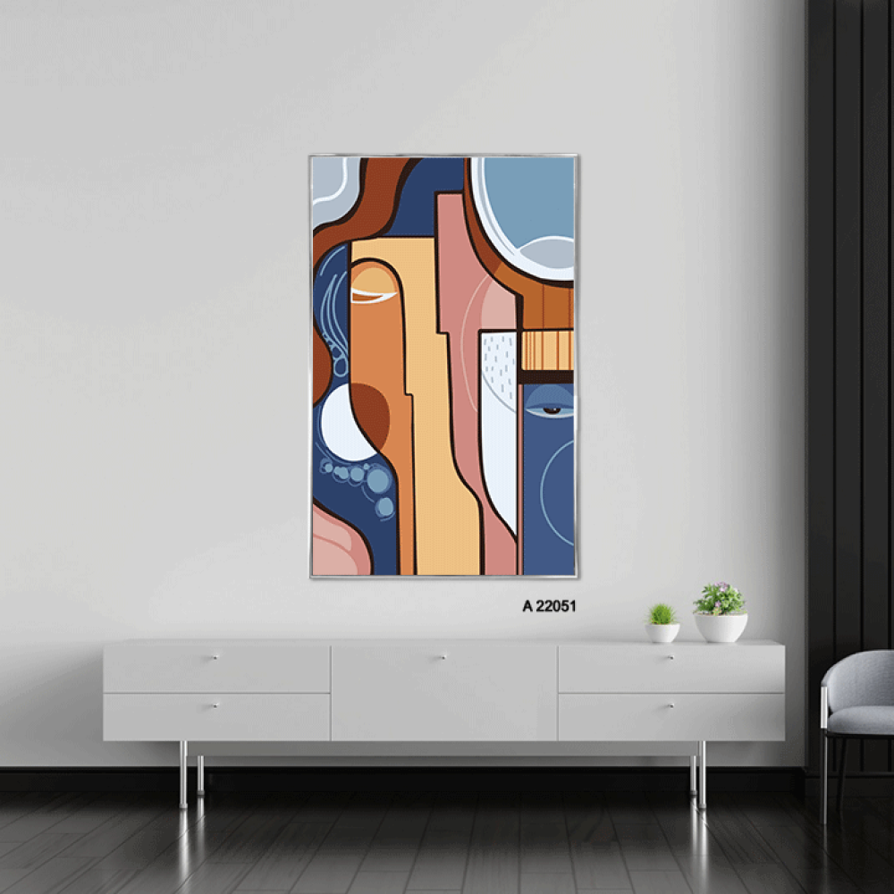 لوحة جدارية أكريليك تصور وجوه بتدرجات البني والأزرق مع الأبيض