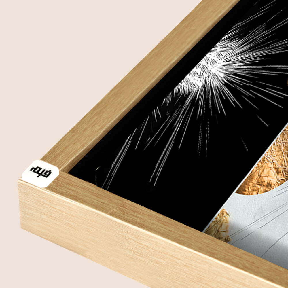 A black canvas wall painting with a golden semicircle