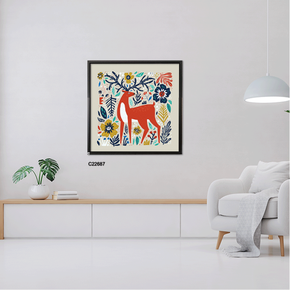 لوحة جدارية كانفس تصور غزال وسط غابة باسلوب زخرفي مبهج