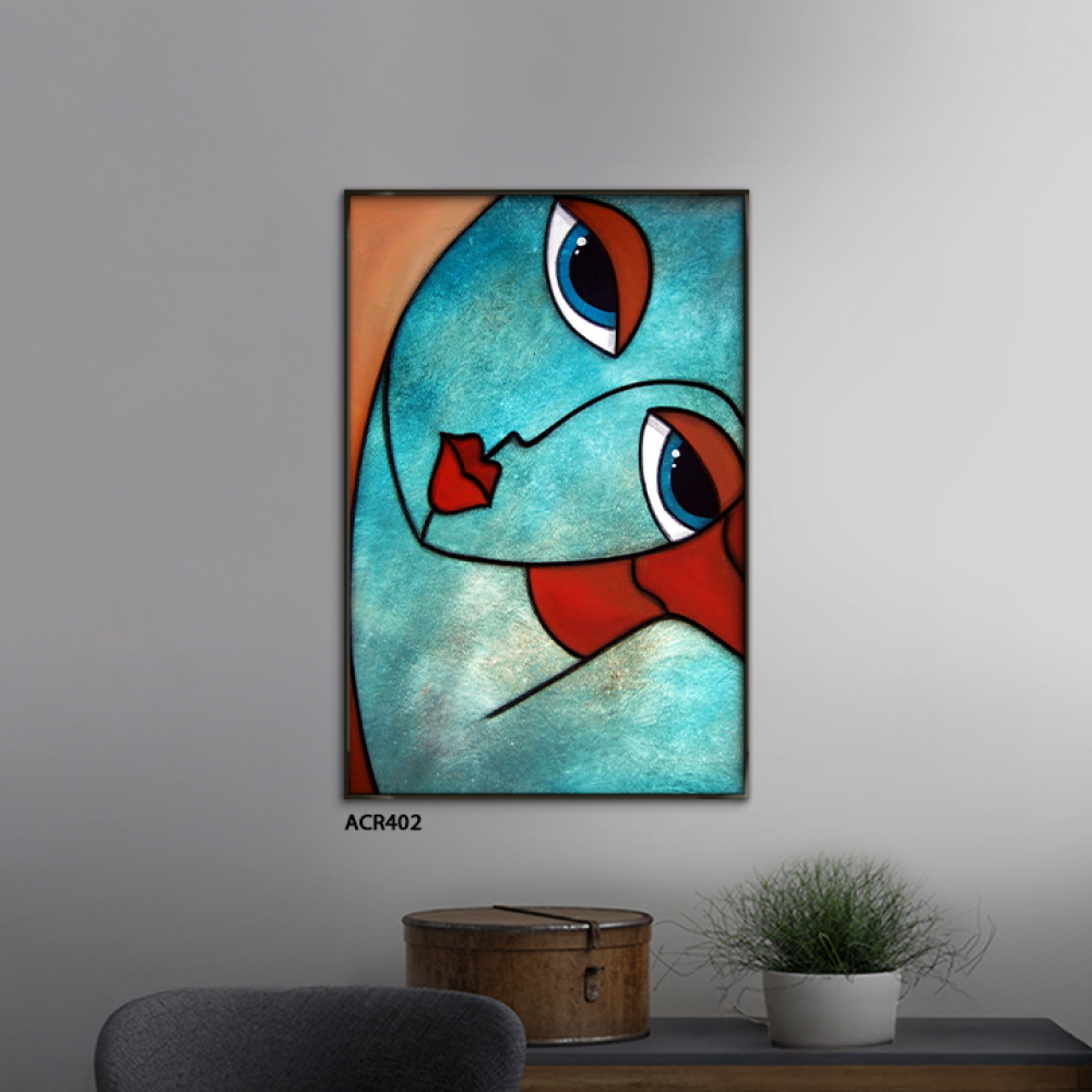 لوحة جدارية أكريليك تصوّر سيدة ، بتدرجات من الأخضر مع البيج والبني