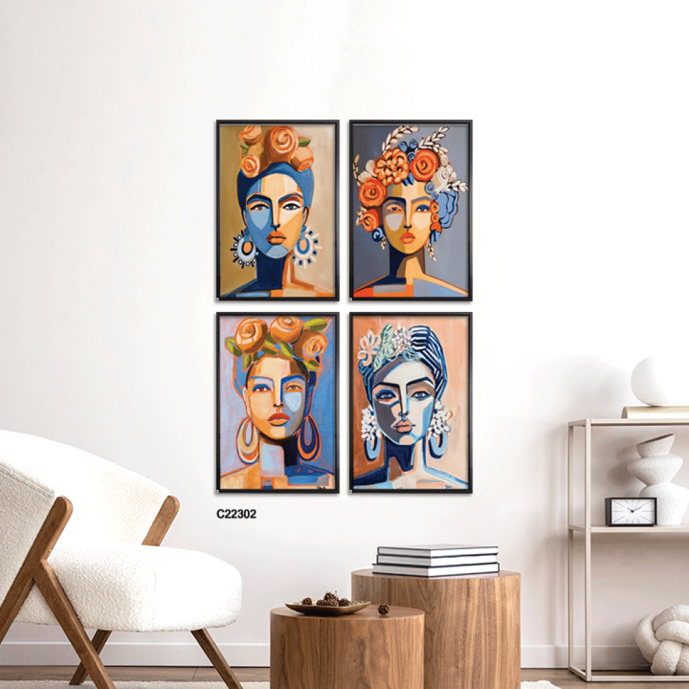 لوحة جدارية كانفس مقسمة وجوه نساء تدرجات الازرق والبرتقالي