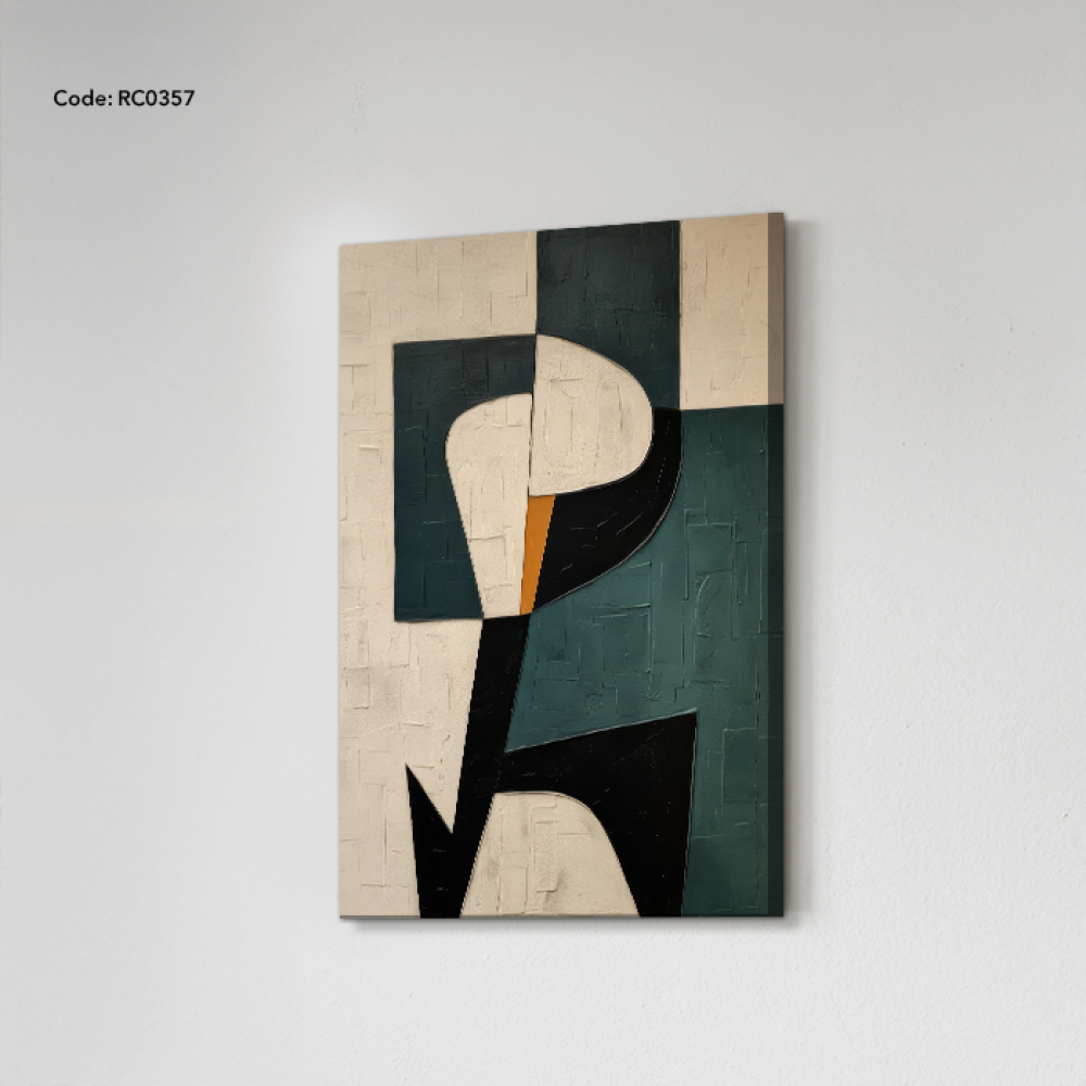 A canvas wall painting featuring a modern design in shades of green, beige, and black.