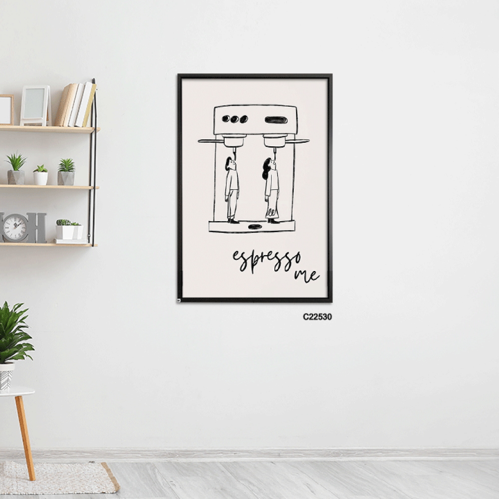 لوحة جدراية تصور الة قهوة كبيرة واشخاص بتدرجات الاسود والابيض