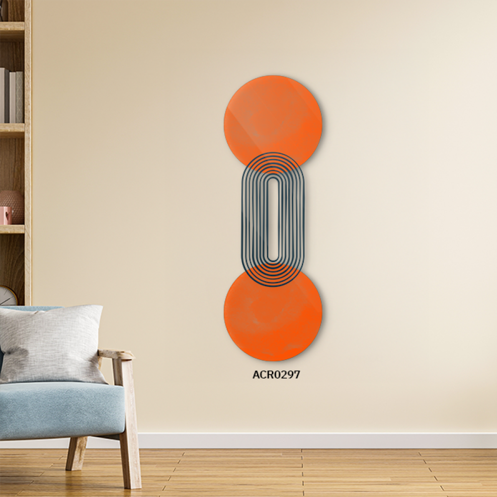 لوحة جدارية أكريليك تتميز بدوائر باللون البرتقالي وخطوط سوداء