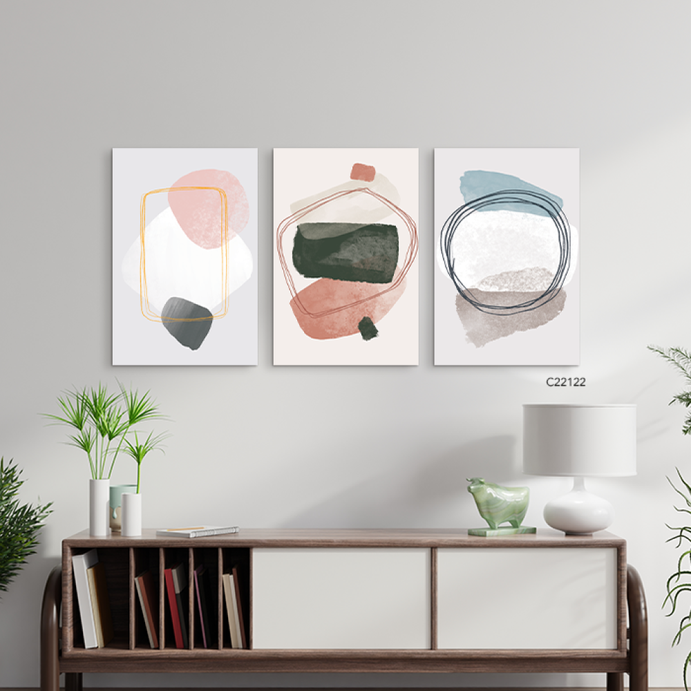 لوحة جدارية كانفس مقسمة ، أشكال - تدرجات الأخضر الزيتي مع الوردي  - فن بوهيمي