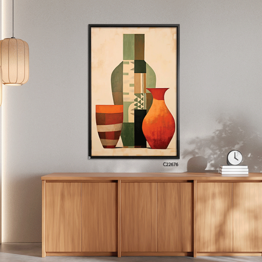 لوحة جدارية تصور  مزهريات بزخارف هندسية بتدرجات الالوان دافئة