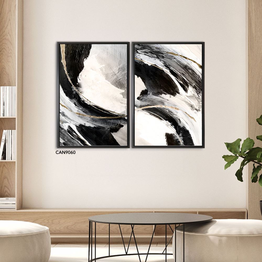 لوحة جدارية كانفس مقسمة ، تداخل ألوان  - تدرجات الأسود والرمادي مع الأبيض - فن تجريدي