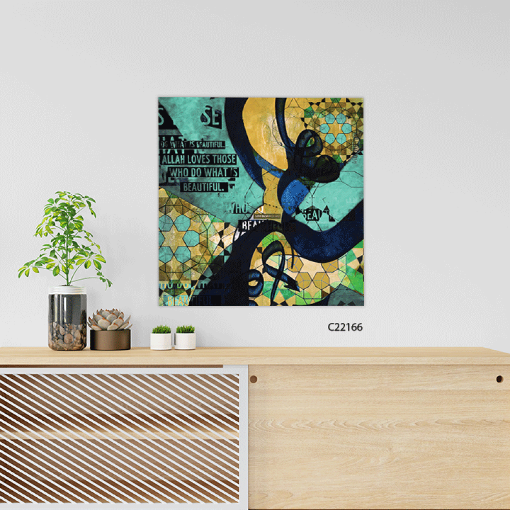 لوحة جدارية كانفس ، نقوش وتداخل ألوان  - درجات الأزرق والأخضر مع الأصفر والأسود