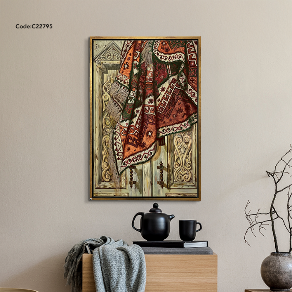 لوحة جدارية كانفس تصور باب قديم تدلى منه قطعة قماش