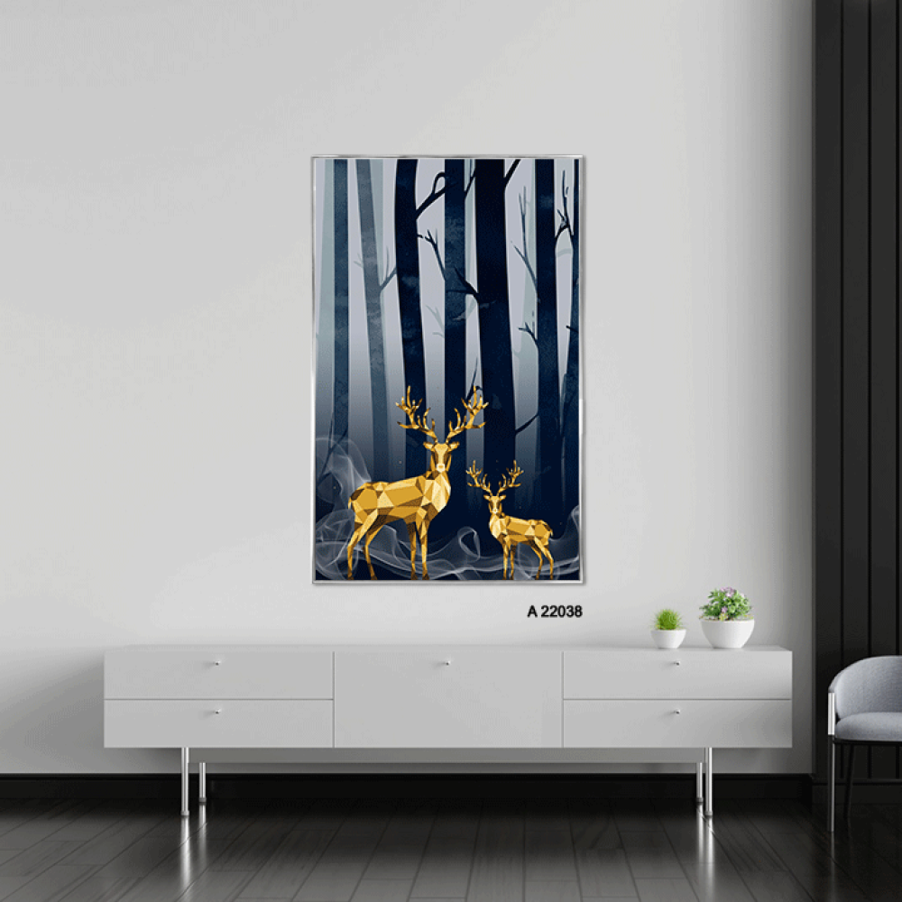 لوحة جدارية أكريليك تصور غزال في الغابة بتدرجات الأزرق والذهبي