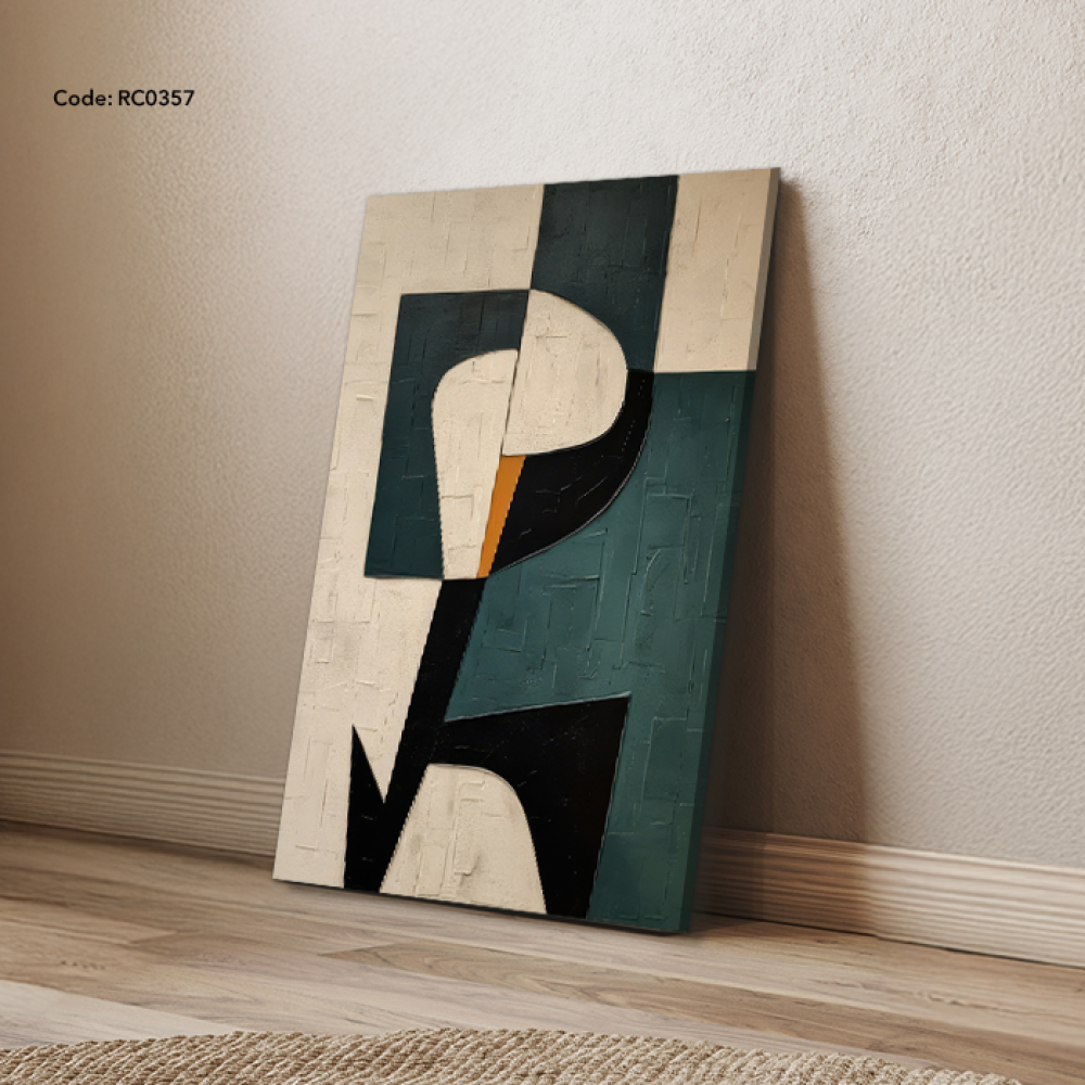 A canvas wall painting featuring a modern design in shades of green, beige, and black.