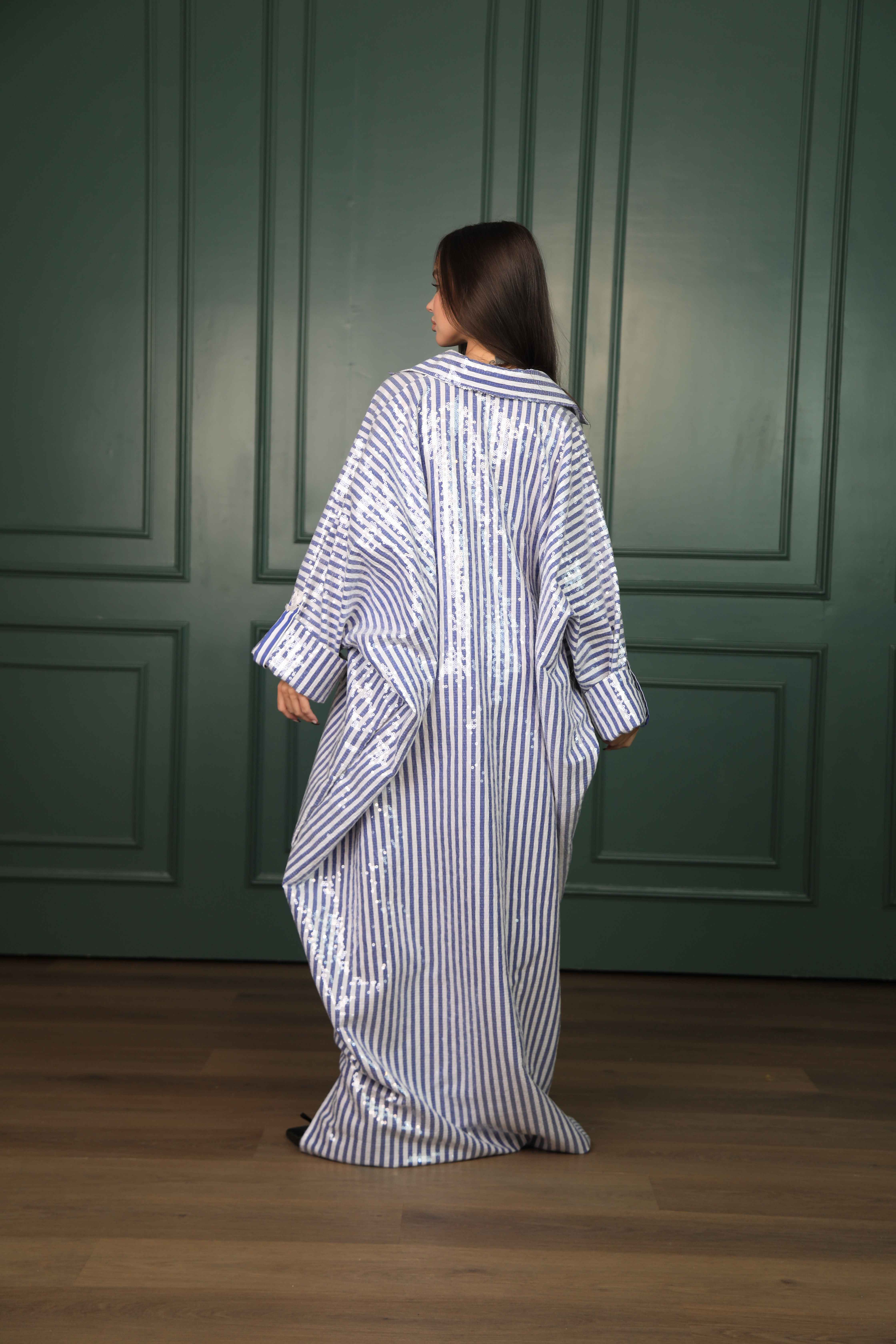 ثوب نسائي قطن أزرق مخطط بترتر شفاف | ADARA