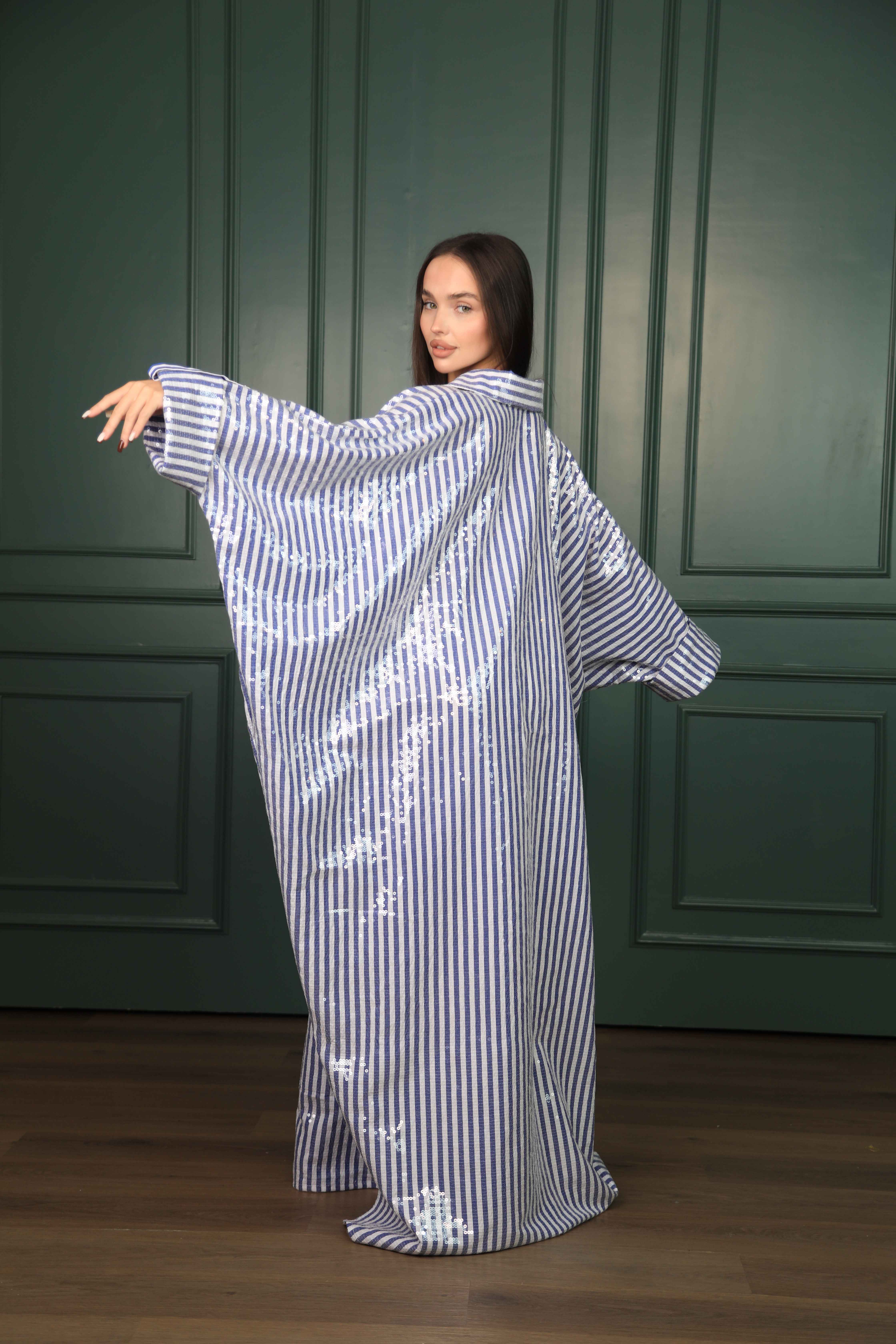 ثوب نسائي قطن أزرق مخطط بترتر شفاف | ADARA