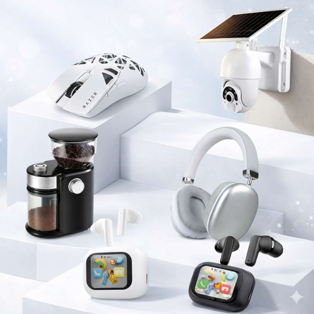 بنر منتجات إلكترونية متنوعة بخلفية بيضاء أنيقة