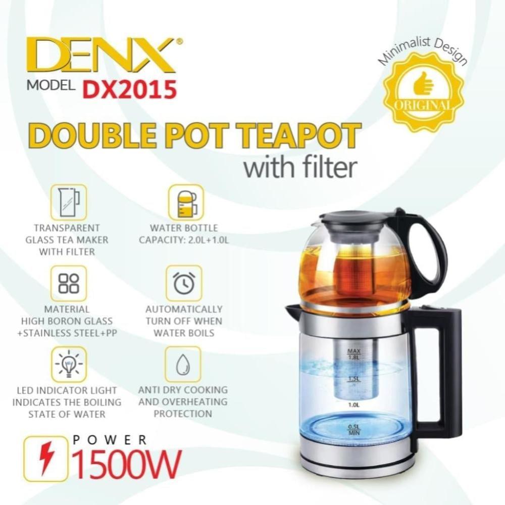 غلاية شاي وماء زجاجية مزدوجة مع فلتر DENX موديل DX2015