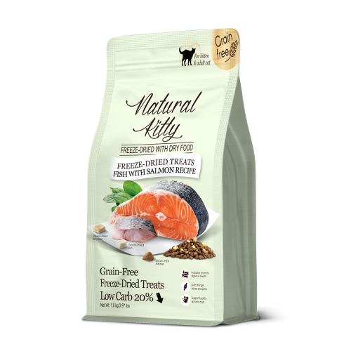 طعام جاف Raw Mix السمك مع السالمون مجفف بالتبريد الطازجة 1.8 كيلو من شركة Natural kitty