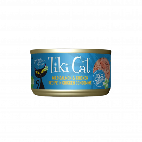 معلبات لواو دجاج و سمك السالمون في المرق من شركة Tiki cat