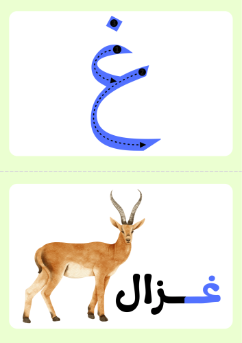 بطاقات تعلم حرف غ ، ٧ كلمات تحتوي على الحرف ، وتلو...