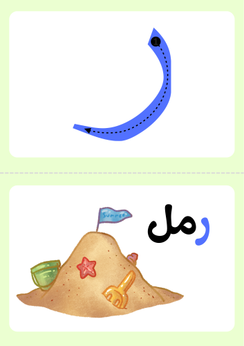 بطاقات تعلم حرف ر ، ٧ كلمات تحتوي على الحرف ، وتلو...