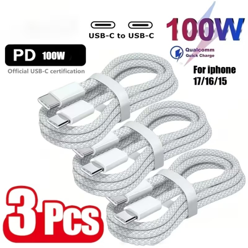 طقم 3 كابلات شحن وبيانات USB-C إلى USB-C أبيض PD 100W}}