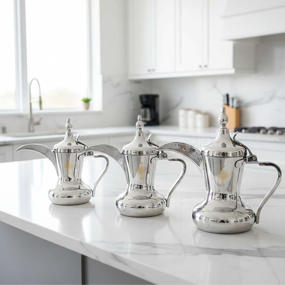 طقم دلال السيف اندونيسي 3مقاسات كروم بنقشة ذهبي