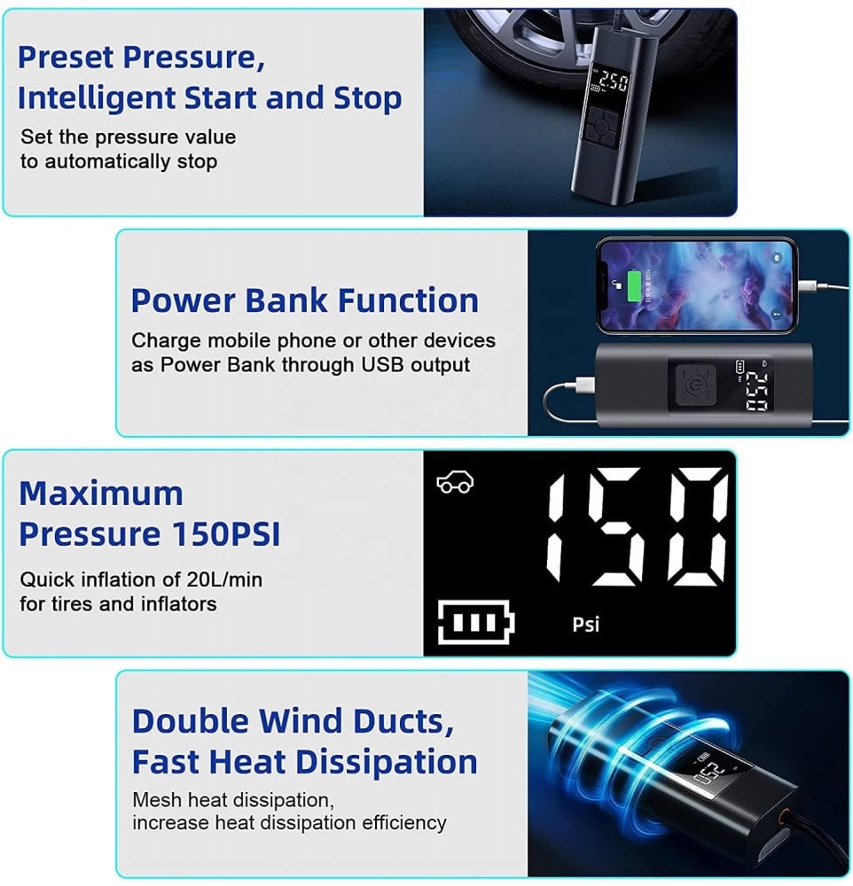 منفاخ هواء متنقل قابل للشحن شاشة ديجيتال مع كشاف ليد