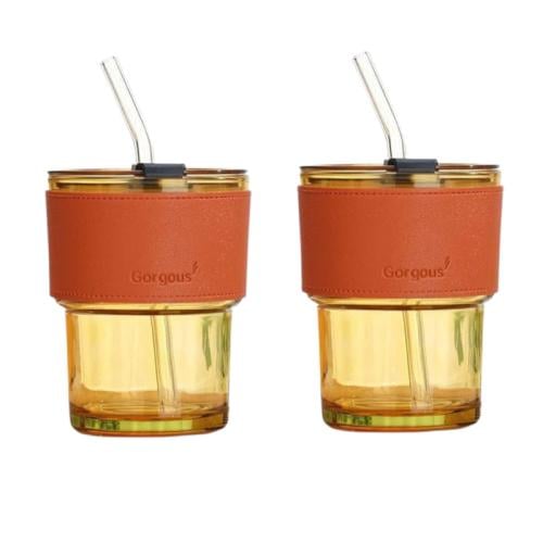 كوب زجاجي بمصاص 350ml تصميم عصري بغطاء جلدي عدد 2
