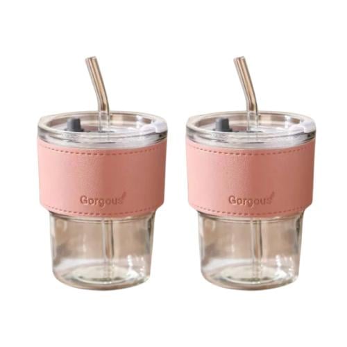 كوب زجاجي بمصاص 350ml تصميم عصري بغطاء جلدي عدد 2