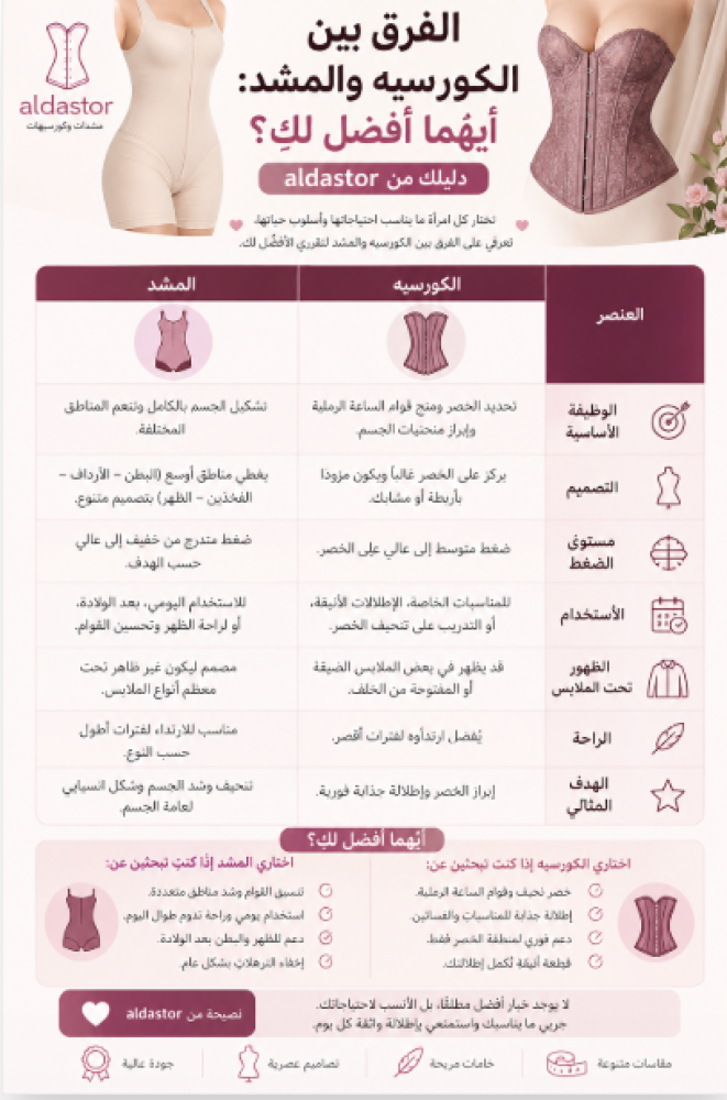 الفرق بين الكورسيه والمشد: أيهما أفضل لكِ؟ دليلك من aldastor