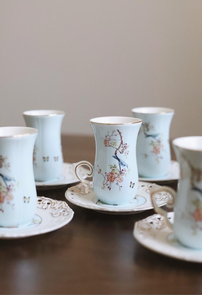 طقم استكانات شاي لون ازرق مشجر فكتوري  لـ6 اشخاص عدد 6 ستكانات و 6 صحون  | A set of 6 tea cups and 6 saucers