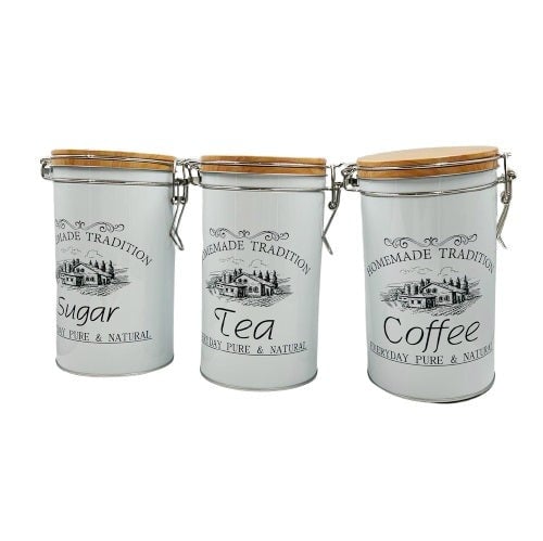 Metal Canister Set of 3 Sugar Coffee Tea with Lids...