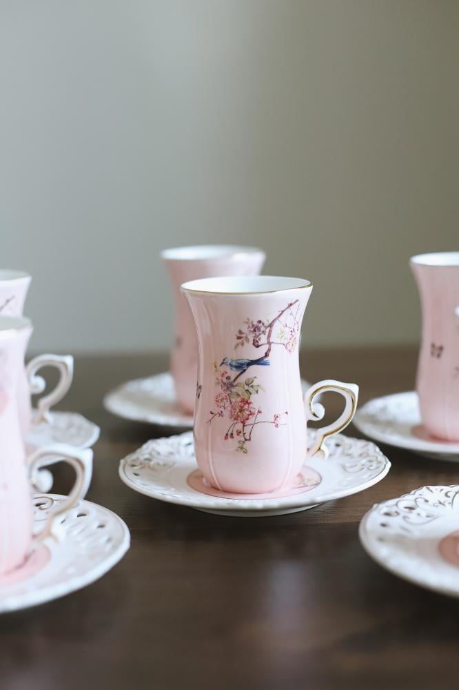 طقم استكانات شاي لون وردي مشجر فكتوري  لـ6 اشخاص عدد 6 ستكانات و 6 صحون  | A set of 6 tea cups and 6 saucers