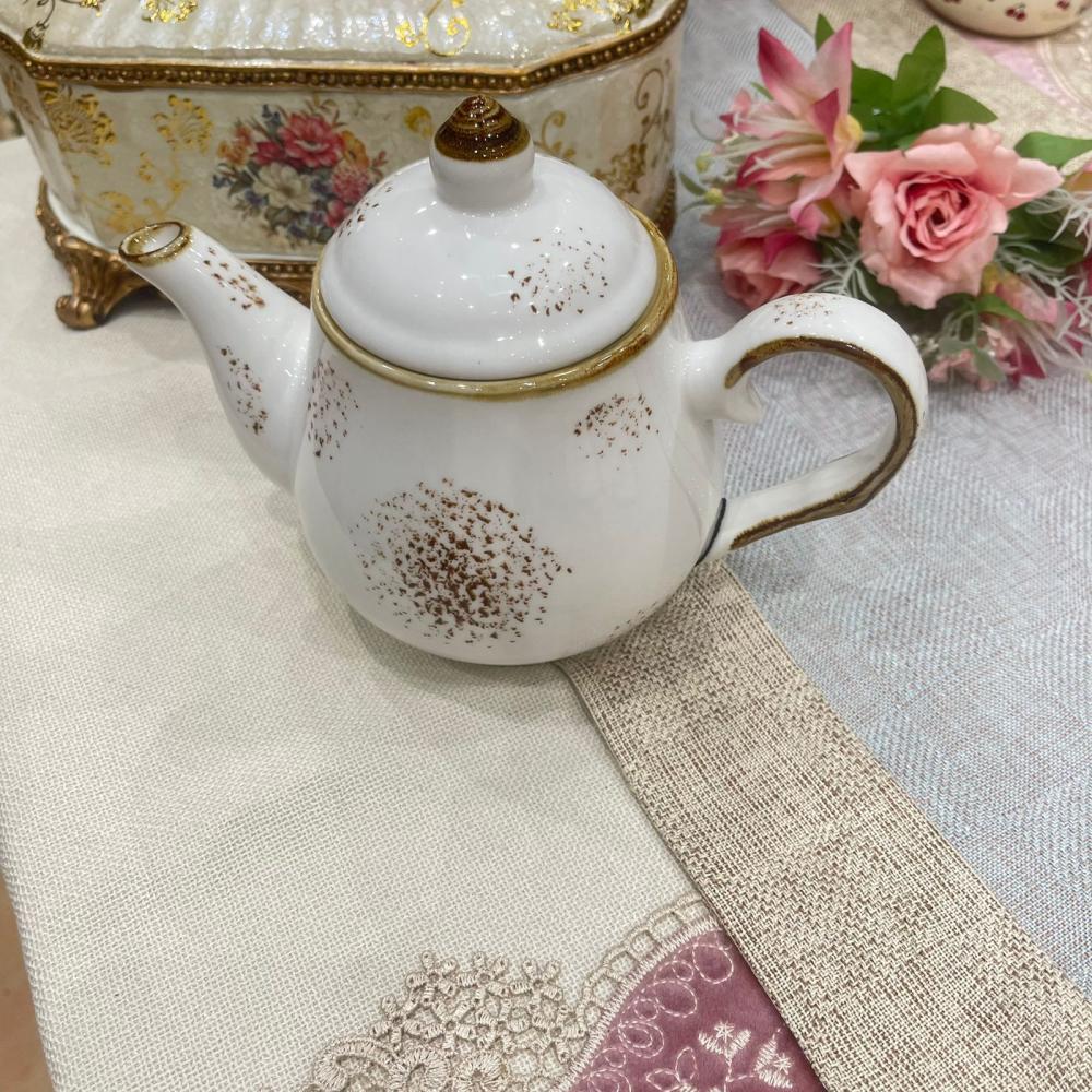 ابريق شاي سيراميك ابيض معتق سعة 1000 مل | 1000ml Antique White Ceramic Teapot