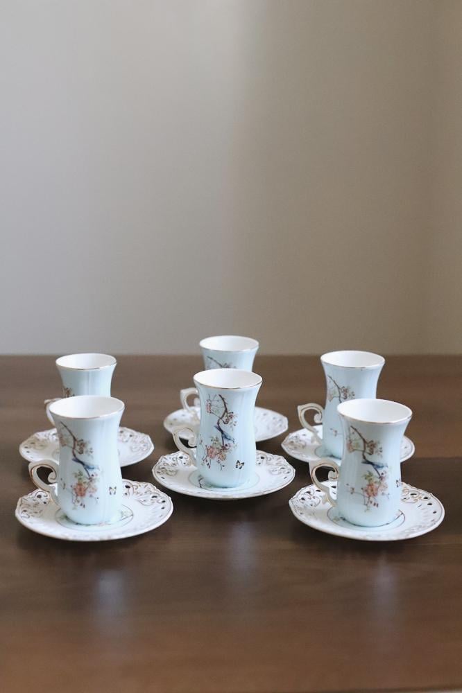 طقم استكانات شاي لون ازرق مشجر فكتوري  لـ6 اشخاص عدد 6 ستكانات و 6 صحون  | A set of 6 tea cups and 6 saucers