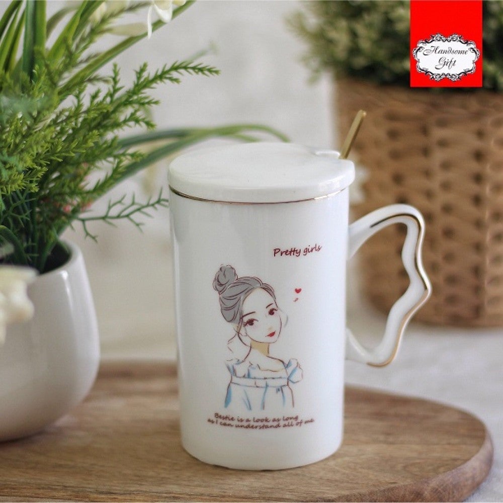 كوب من السيراميك الصيني الفاخر بالغطاء و الملعقة | Single ceramic cup