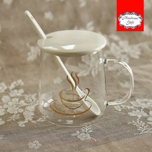 كوب زجاج بالغطاء و الملعقة | Glass cup with lid an...