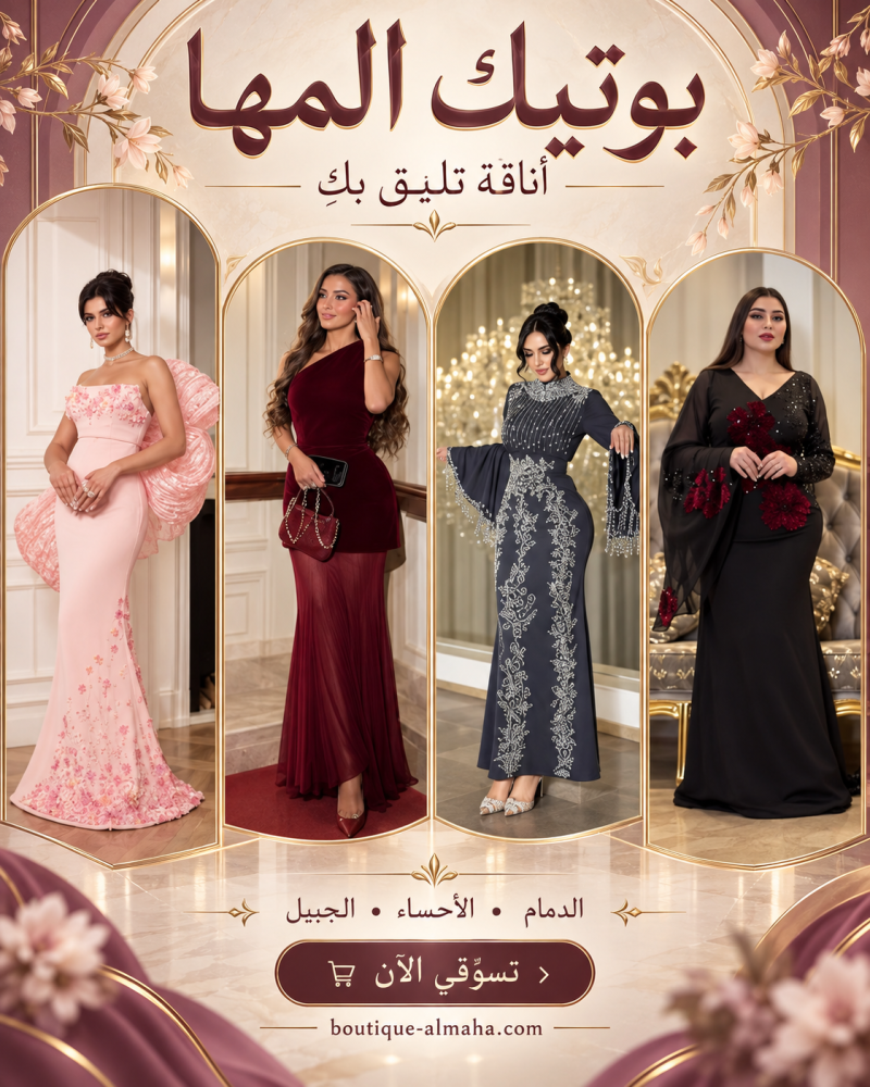 فستان سهرة نسائي من بوتيك المها لمناسبات الدمام والأحساء والجبيل.
