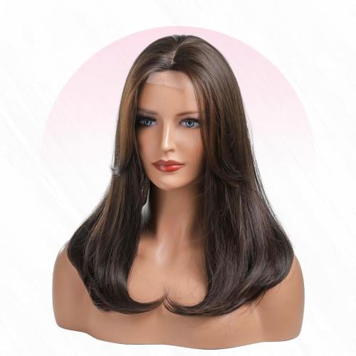 باروكة شعر طبيعي متوسط الطول شعر ستريت بني غامق باروكة جذور امامية HD بكثافة 200% بطول 18 انش