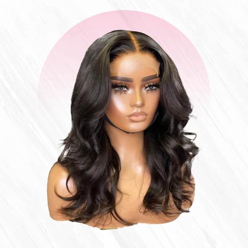 باروكة شعر طبيعي متوسط الطول شعر ويفي اسود باروكة جذور امامية بكثافة 200% بطول 18 انش