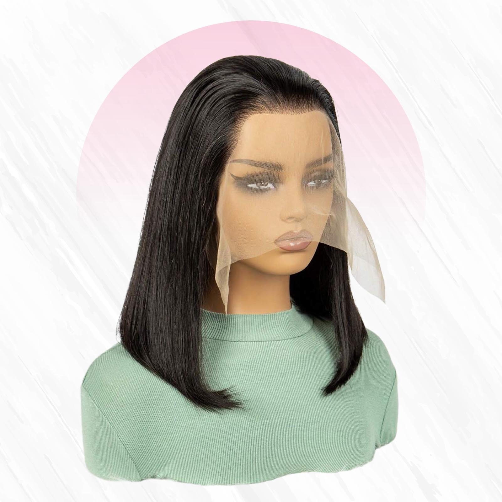 باروكة شعر طبيعي قصير ستريت اسود باروكة جذور امامية بكثافة 200% بطول 14 انش