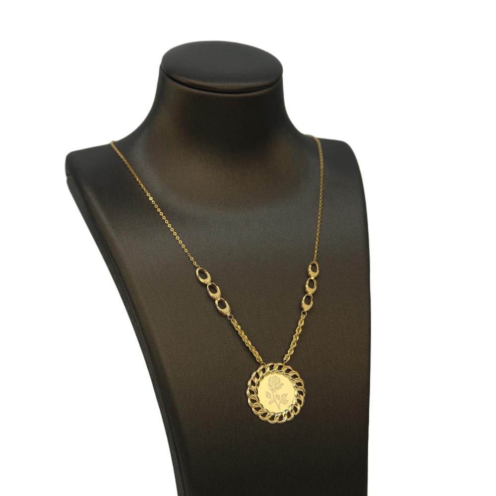 تفاصيل عقد ذهب عيار 21 بتعليقة دائرية بنقش راقي