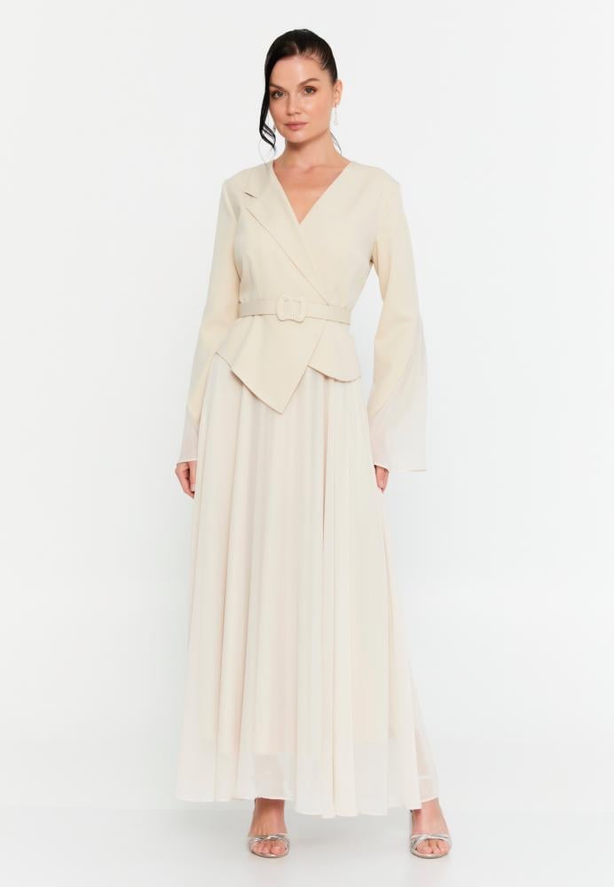 فستان سهرة طويل الأكمام من الشيفون بتصميم عمودي