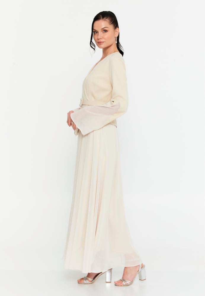فستان سهرة طويل الأكمام من الشيفون بتصميم عمودي