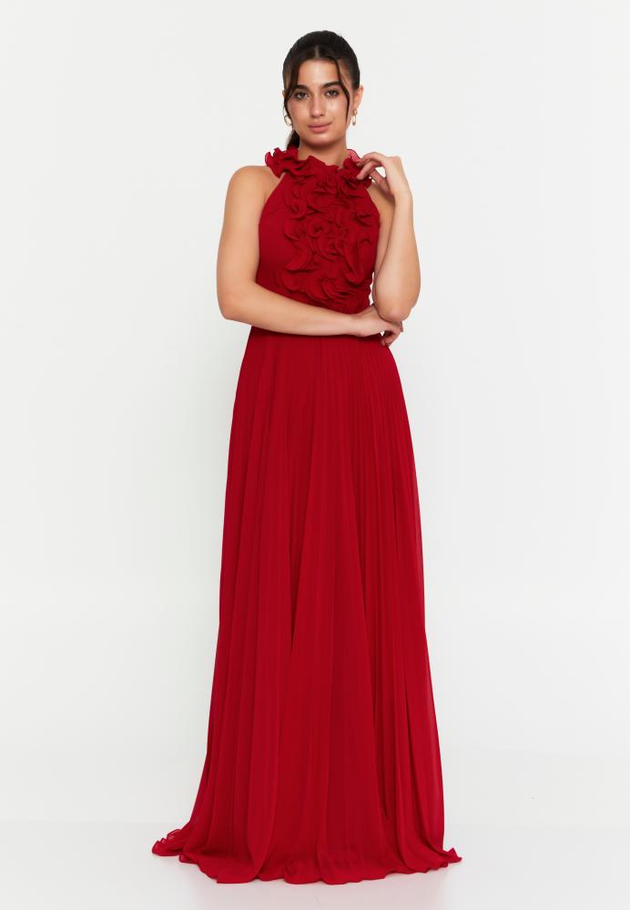 فستان سهرة شيفون ماكسي طويل بدون أكمام،