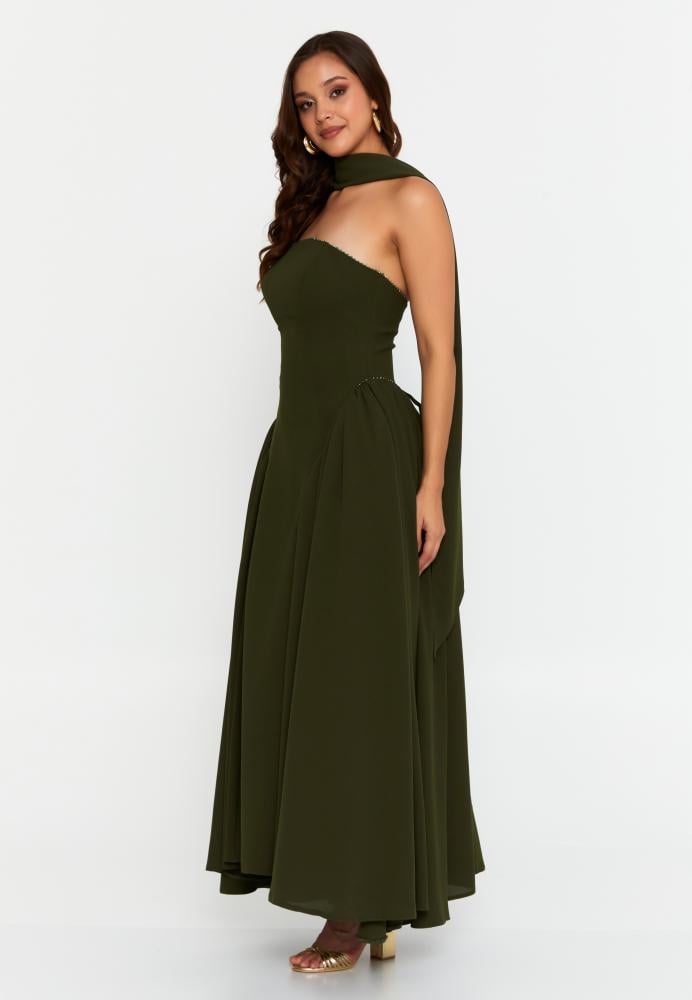 فستان سهرة ماكسي عادي بدون حمالات